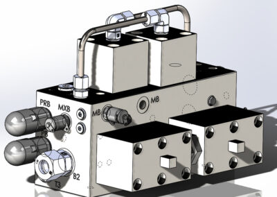 Custom manifold during design phase in 3D CAD software as an assembly with components added for interference checking